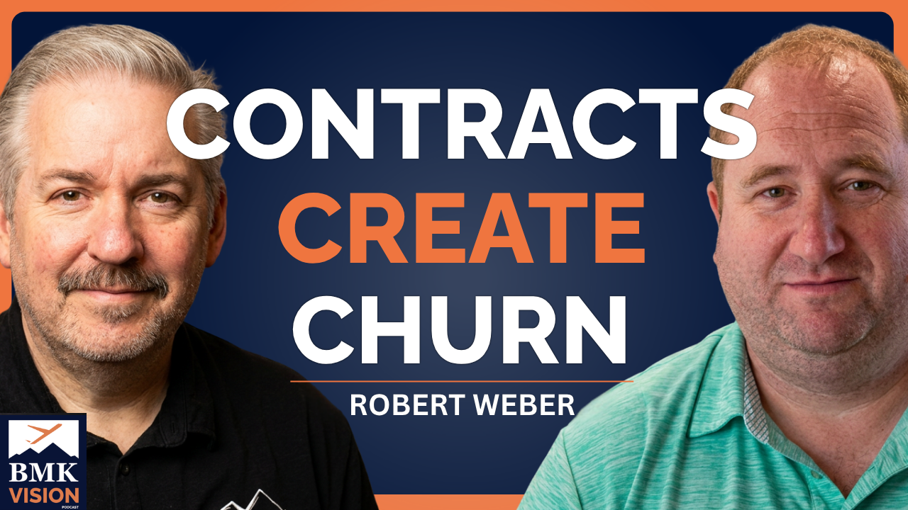 Josh Peterson and guest Robert Weber, CEO of Weber TC, recording The BMK Vision Podcast episode on whether MSP term contracts improve client retention.